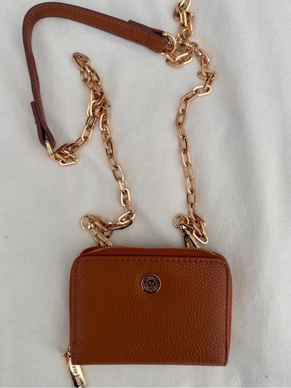 Anne Klein Pebble Leather Mini Crossbody in Brown with Gold Chain